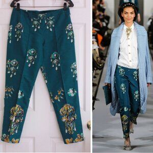 Oscar De La Renta Runway Silk Jewel Print Green Trouser Pants